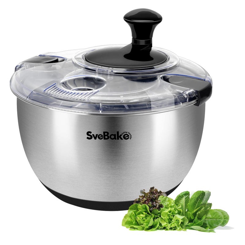 SveBake Stainless Steel Salad Spinner, 4.2 Qt Vegetable Washer, BPA-Free Lettuce Dryer with Crank Design, Dishwasher Safe, Non-Slip Base - Transparent Lid - Image 1